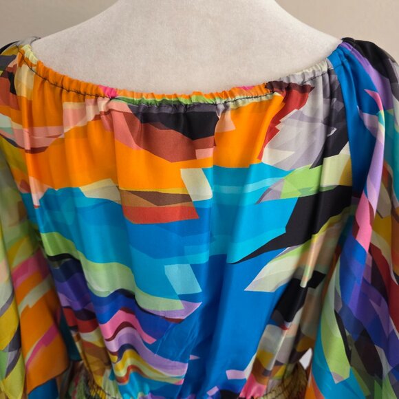 Trina Turk Bright Abstract Colorful Silk Blouse Smocked Batwing Sleeve Size P - Picture 7 of 10